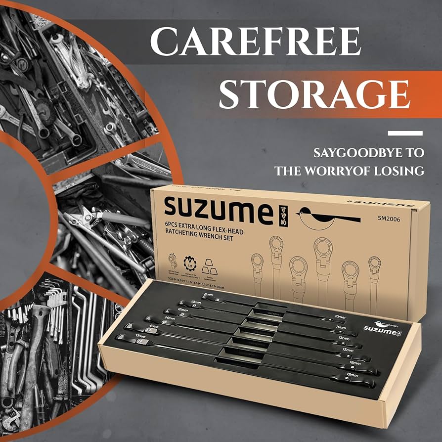SUZUME Extra Long Flex Head Ratcheting Wrench Set 6PCS (8